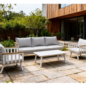 FHSF114 Aluminum Outdoor Sofa Set, 4-Piece Patio Set with Wood Armrests and Slatted Table for Garden and Courtyard