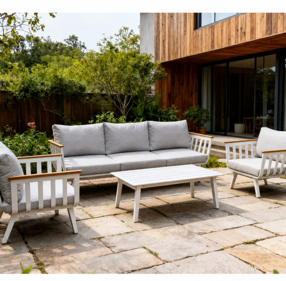 FHSF114 Aluminum Outdoor Sofa Set, 4-Piece Patio Set with Wood Armrests and Slatted Table for Garden and Courtyard