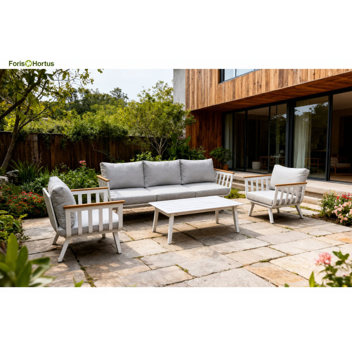 FHSF114 Aluminum Outdoor Sofa Set, 4-Piece Patio Set with Wood Armrests and Slatted Table for Garden and Courtyard