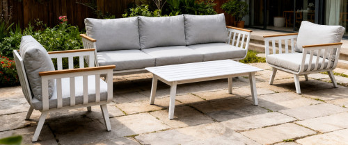 FHSF114 Aluminum Outdoor Sofa Set, 4-Piece Patio Set with Wood Armrests and Slatted Table for Garden and Courtyard
