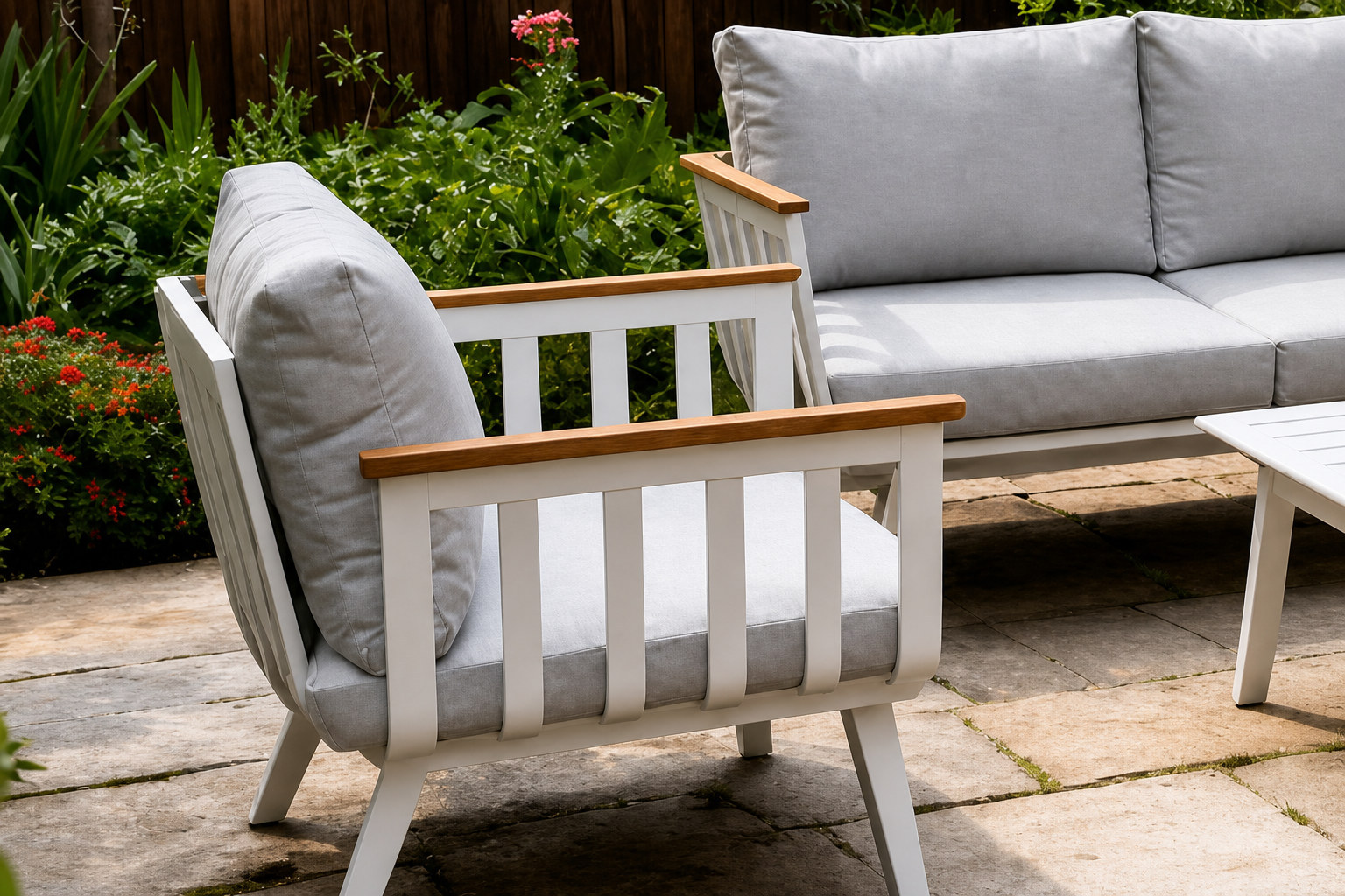 FHSF114 single-seater showing the solid wood armrest cap, vertical bar side panel and grey cushions