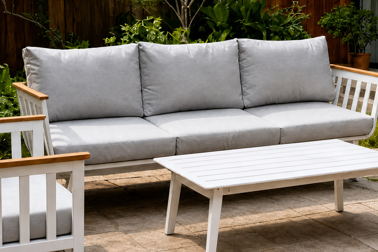 FHSF114 sofa with wood armrest caps, vertical bar side panels and grey cushions