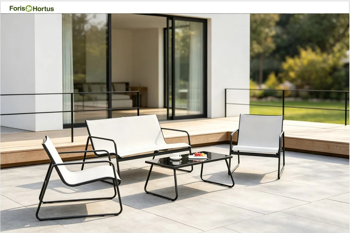FHSF201 steel and textilene outdoor sofa set with a glass top table on a terrace