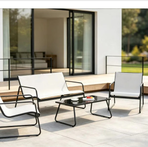 FHSF201 Steel and Textilene Outdoor Sofa Set, 4-Piece Patio Set with Sling Seats and Glass Table for Terrace and Garden