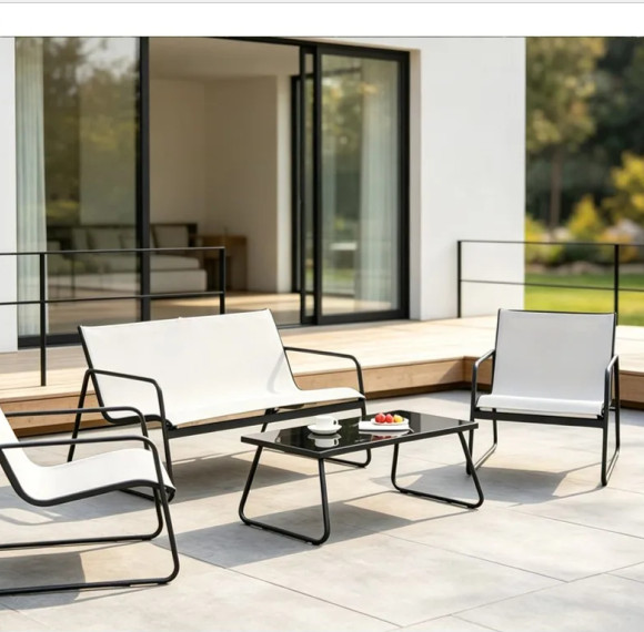 FHSF201 Steel and Textilene Outdoor Sofa Set, 4-Piece Patio Set with Sling Seats and Glass Table for Terrace and Garden