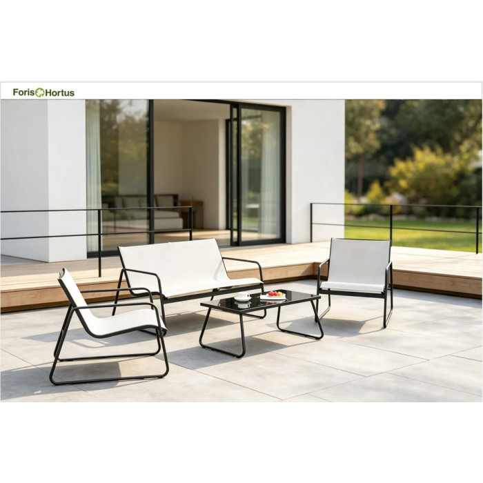 FHSF201 Steel and Textilene Outdoor Sofa Set, 4-Piece Patio Set with Sling Seats and Glass Table for Terrace and Garden