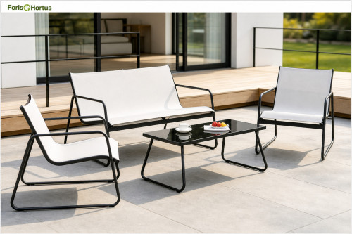 FHSF201 Steel and Textilene Outdoor Sofa Set, 4-Piece Patio Set with Sling Seats and Glass Table for Terrace and Garden