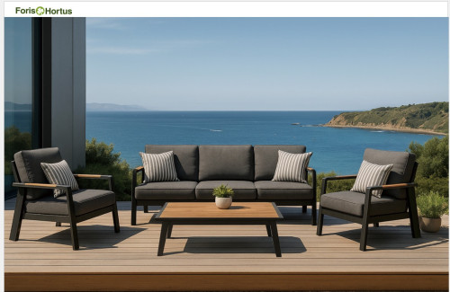 FHSF082 Dark Grey Aluminum Outdoor Sofa Set, 4-Piece Patio Set with Wood Armrests and Slat Table for Terrace and Garden