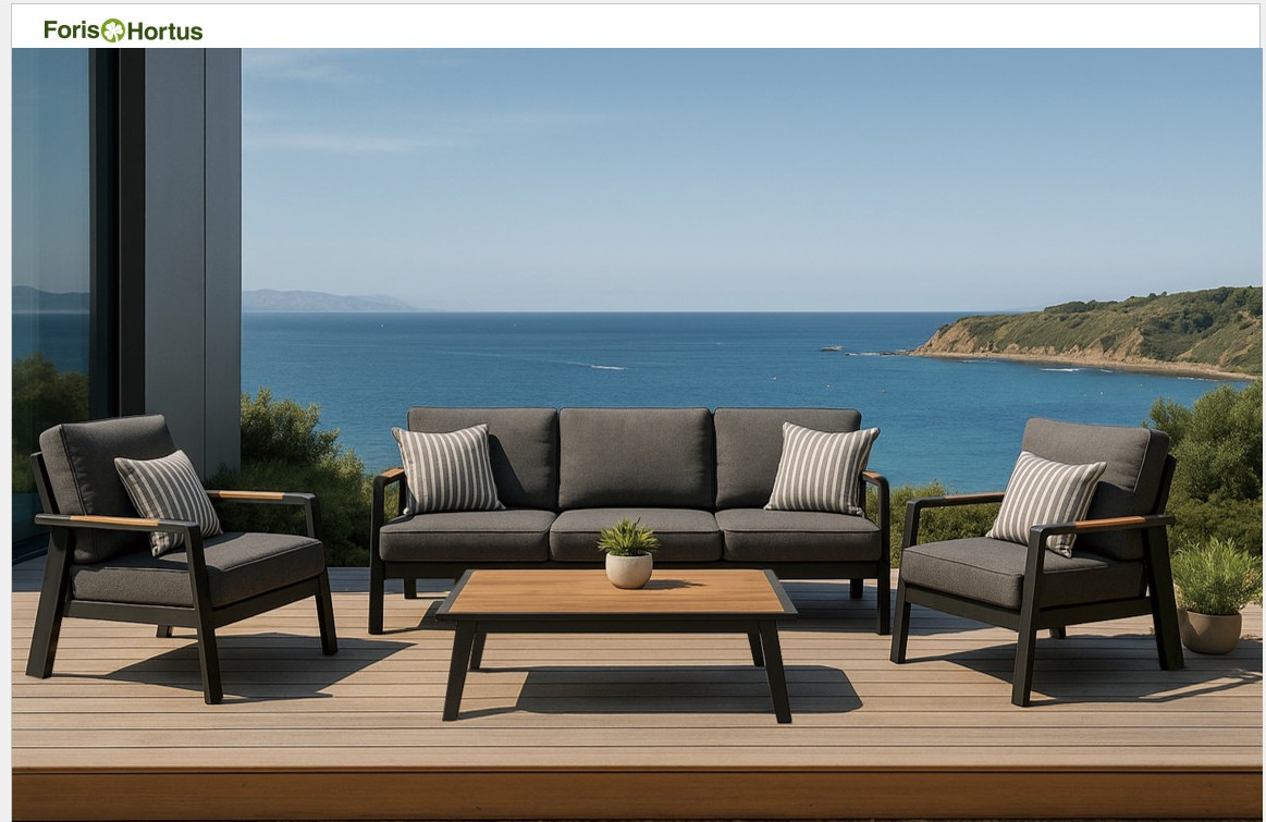 FHSF082 dark grey aluminum outdoor sofa set with wood armrests on a sea view terrace