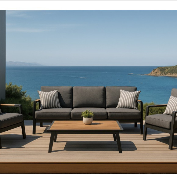 FHSF082 Dark Grey Aluminum Outdoor Sofa Set, 4-Piece Patio Set with Wood Armrests and Slat Table for Terrace and Garden