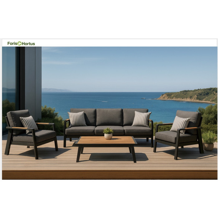 FHSF082 Dark Grey Aluminum Outdoor Sofa Set, 4-Piece Patio Set with Wood Armrests and Slat Table for Terrace and Garden