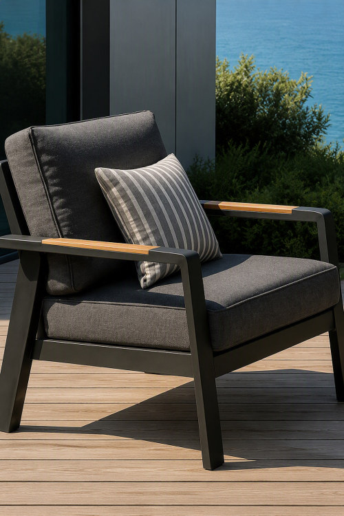 FHSF082 Dark Grey Aluminum Outdoor Sofa Set, 4-Piece Patio Set with Wood Armrests and Slat Table for Terrace and Garden