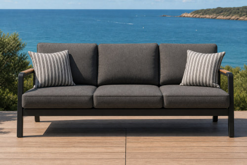 FHSF082 Dark Grey Aluminum Outdoor Sofa Set, 4-Piece Patio Set with Wood Armrests and Slat Table for Terrace and Garden