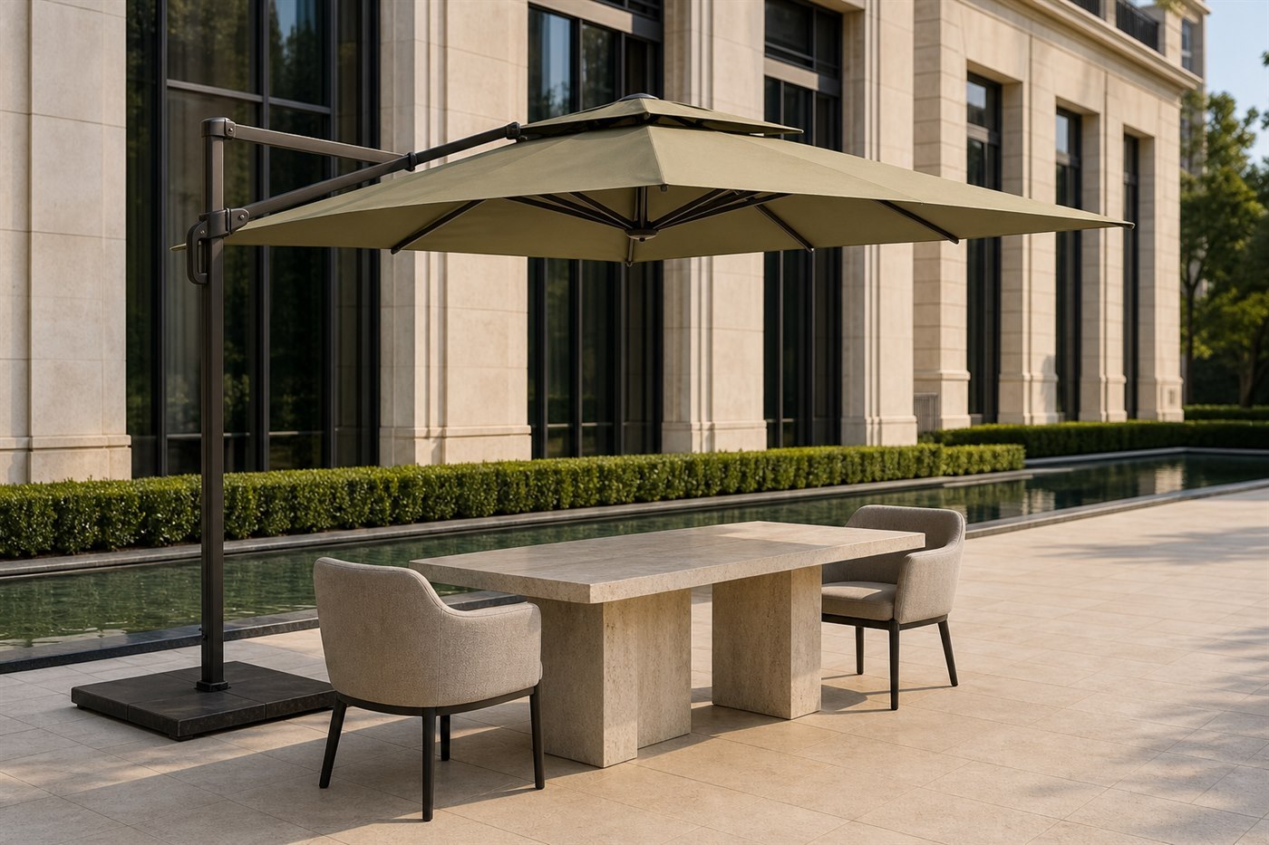 Cantilever outdoor umbrella with its upright at the side and the arm carrying the canopy over a terrace table
