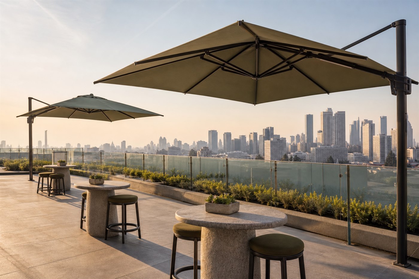 Cantilever umbrellas opened over a rooftop bar terrace with the city skyline behind