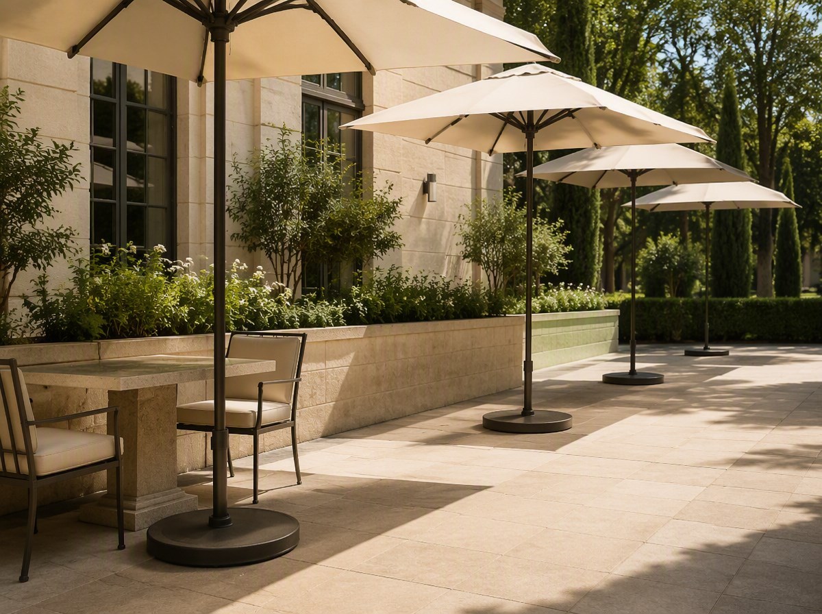 Row of market umbrellas on solid bases along a café terrace in warm daylight