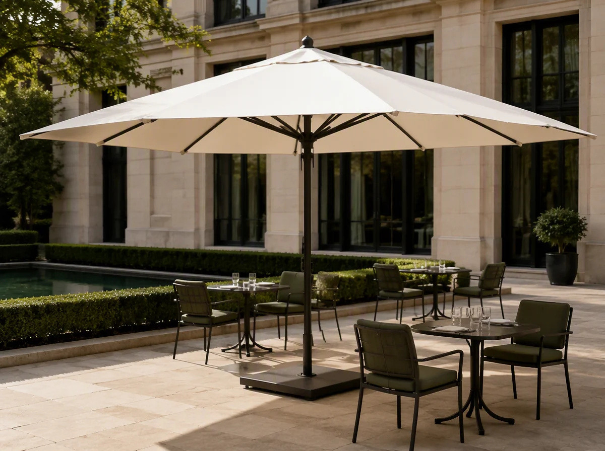 Large centre pole commercial umbrella opened over a hotel terrace restaurant in daylight