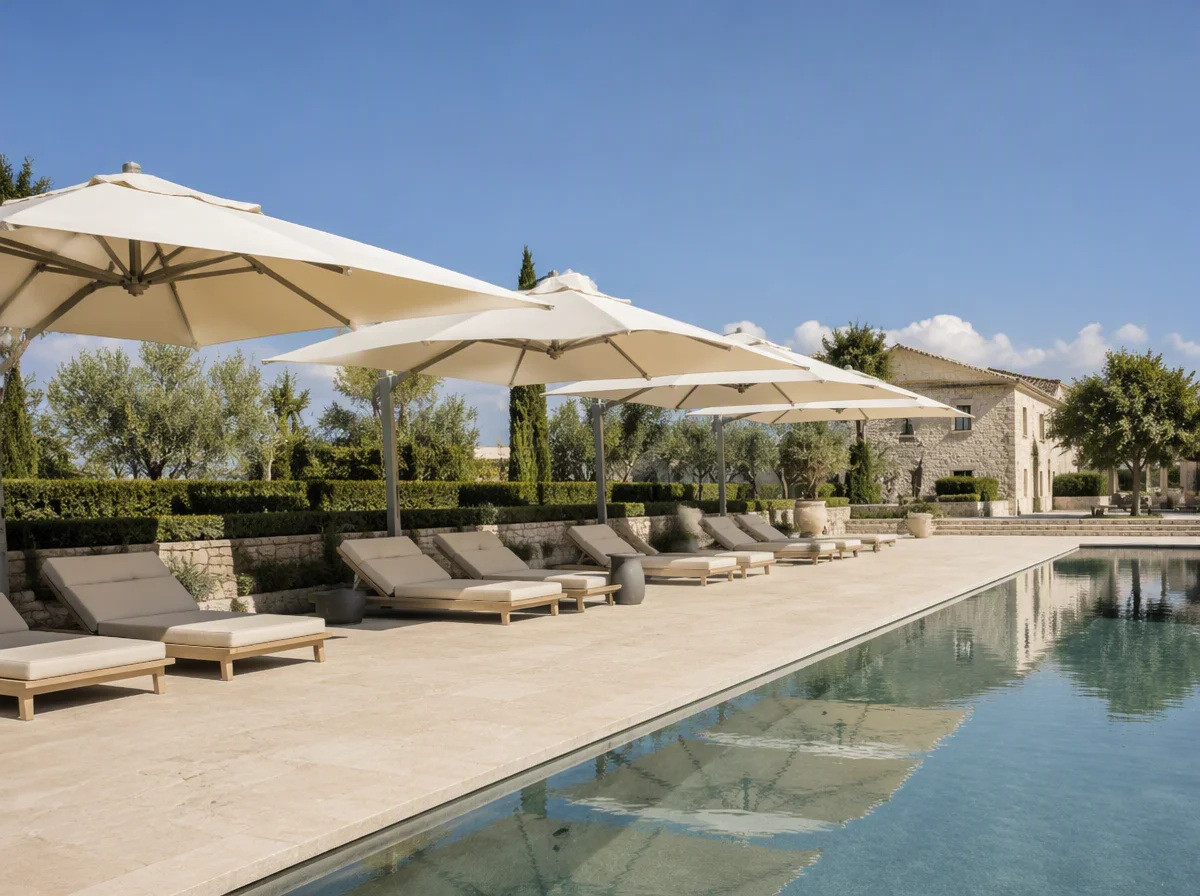 Resort poolside terrace with large commercial umbrellas opened over rows of loungers