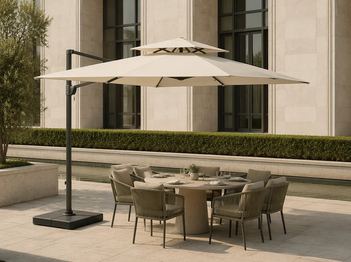 Double-tier Roman style umbrella on a side mast opened over a hotel terrace dining table
