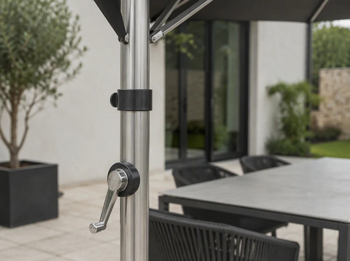 Close view of the upright mast, crank and collar of a side pole outdoor umbrella beside a table