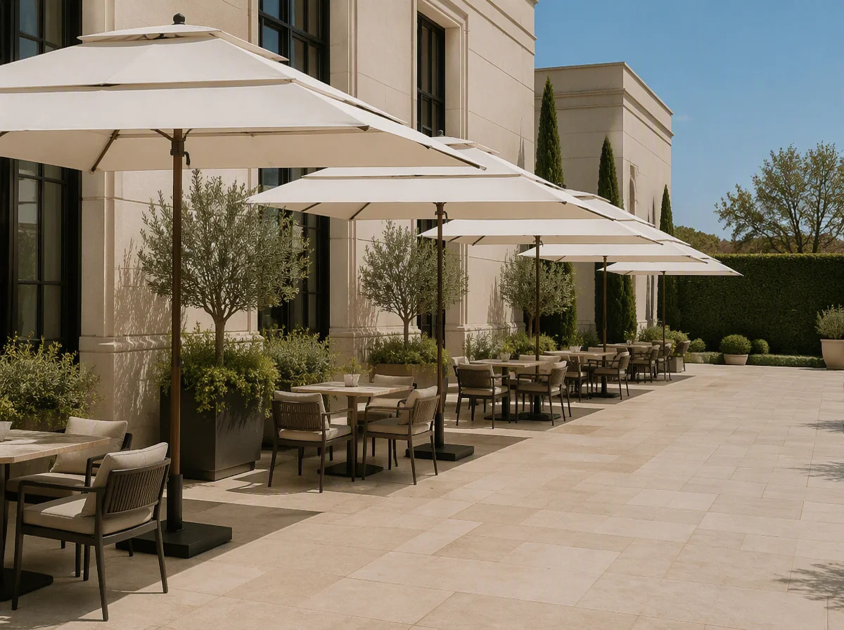 Restaurant terrace with a row of large off-white umbrellas beside each table