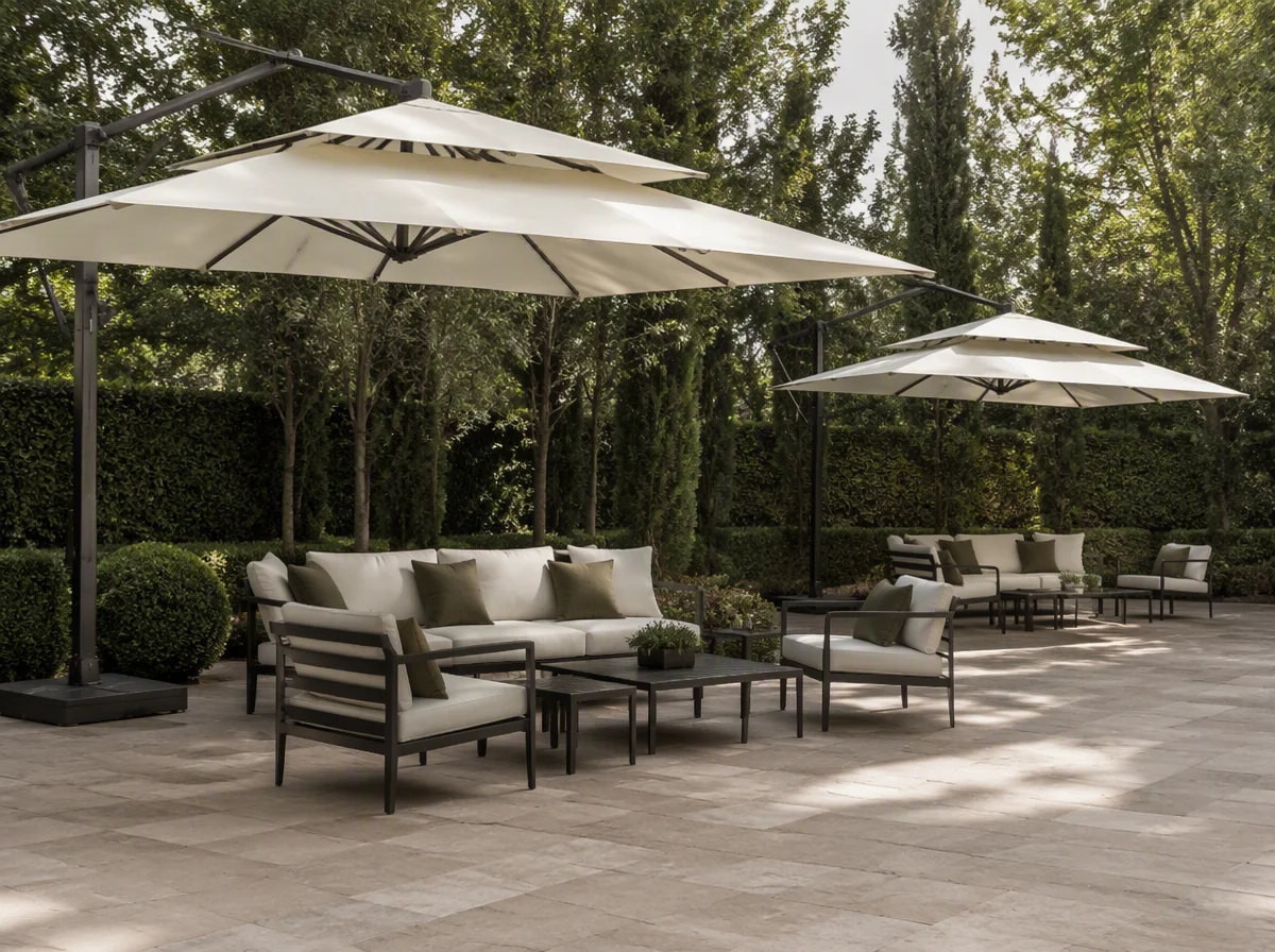 Hotel garden lounge with two double-tier umbrellas opened over low seating