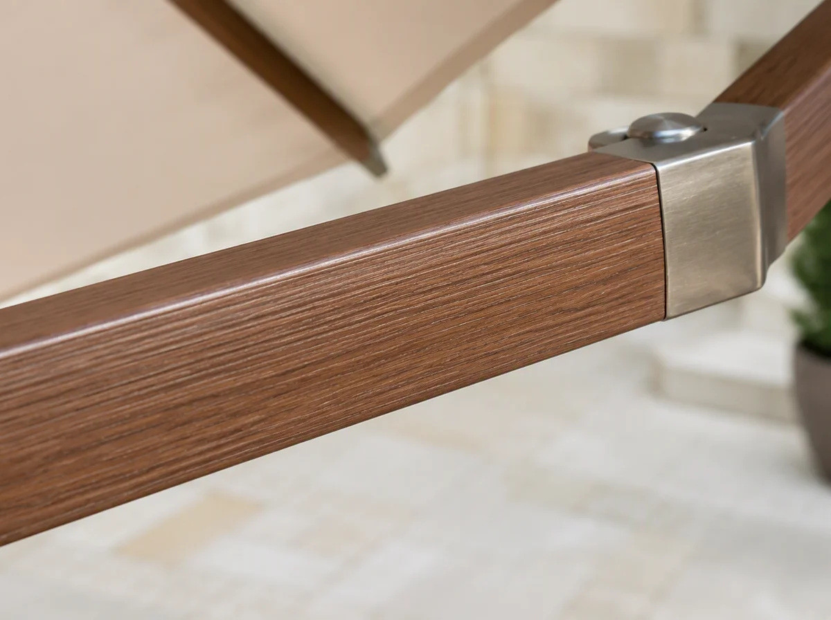 Close view of a wood-grain finished aluminium umbrella frame profile with a machined joint