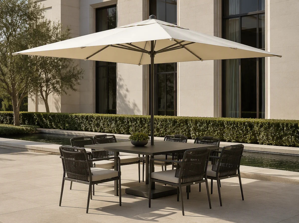 Large square centre pole umbrella opened over a dining table and chairs on a hotel terrace