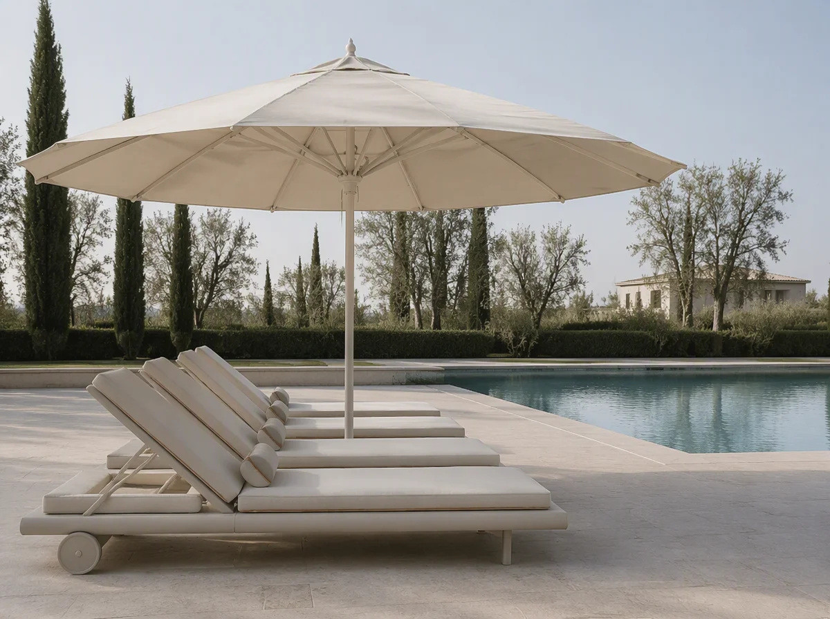 Round centre pole umbrella opened over a row of poolside loungers beside a swimming pool