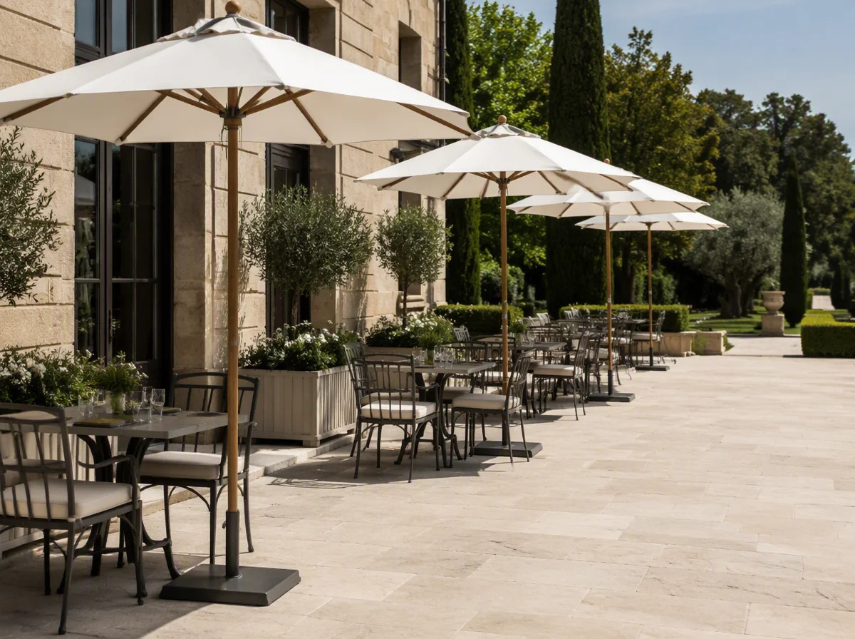 Row of centre pole umbrellas along a stone terrace with tables and planters