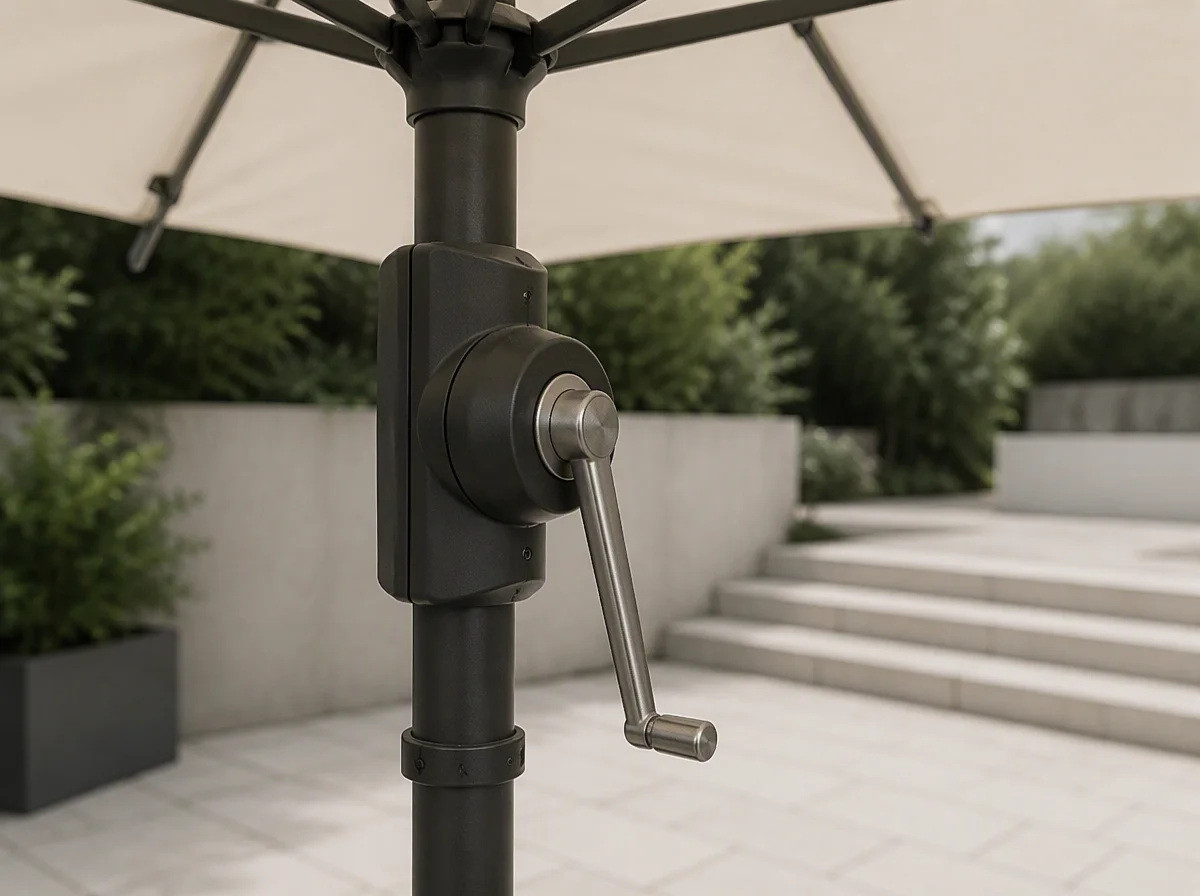 Close view of the crank winding mechanism and sliding collar on a centre pole umbrella mast