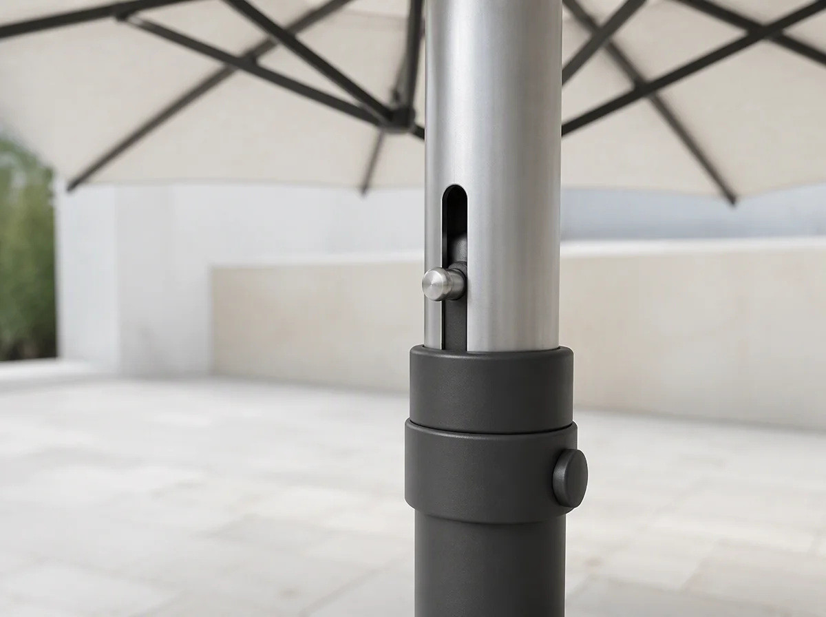 Close view of the push-pull pin and locking collar on a centre pole umbrella mast
