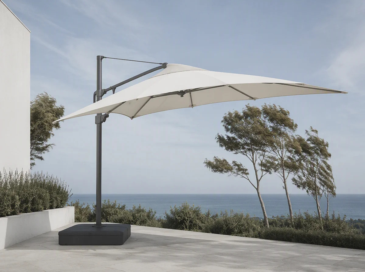 Side view of a curved profile outdoor umbrella canopy against open sky on an exposed terrace