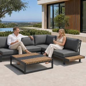 Aluminium Outdoor Sofa Set | L-Shape Corner Garden Sofa with Slatted Coffee Table for Hotel Terrace Patio