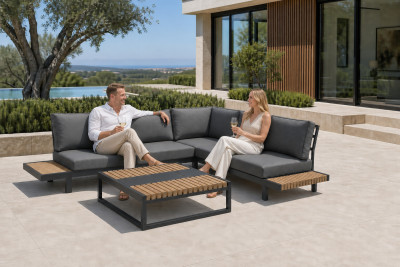 Aluminium Outdoor Sofa Set | L-Shape Corner Garden Sofa with Slatted Coffee Table for Hotel Terrace Patio