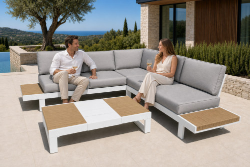 Aluminium Outdoor Sofa Set | L-Shape Corner Garden Sofa with Slatted Coffee Table for Hotel Terrace Patio