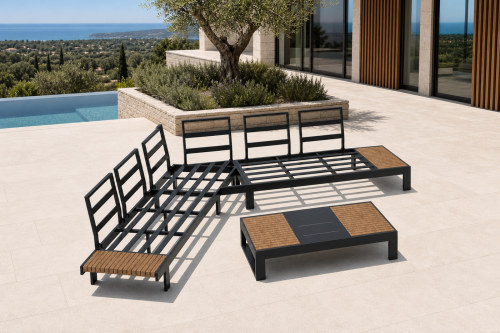 Aluminium Outdoor Sofa Set | L-Shape Corner Garden Sofa with Slatted Coffee Table for Hotel Terrace Patio