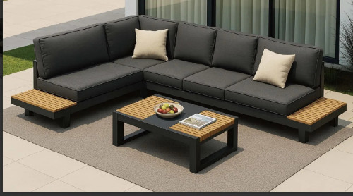 Aluminium Outdoor Sofa Set | L-Shape Corner Garden Sofa with Slatted Coffee Table for Hotel Terrace Patio