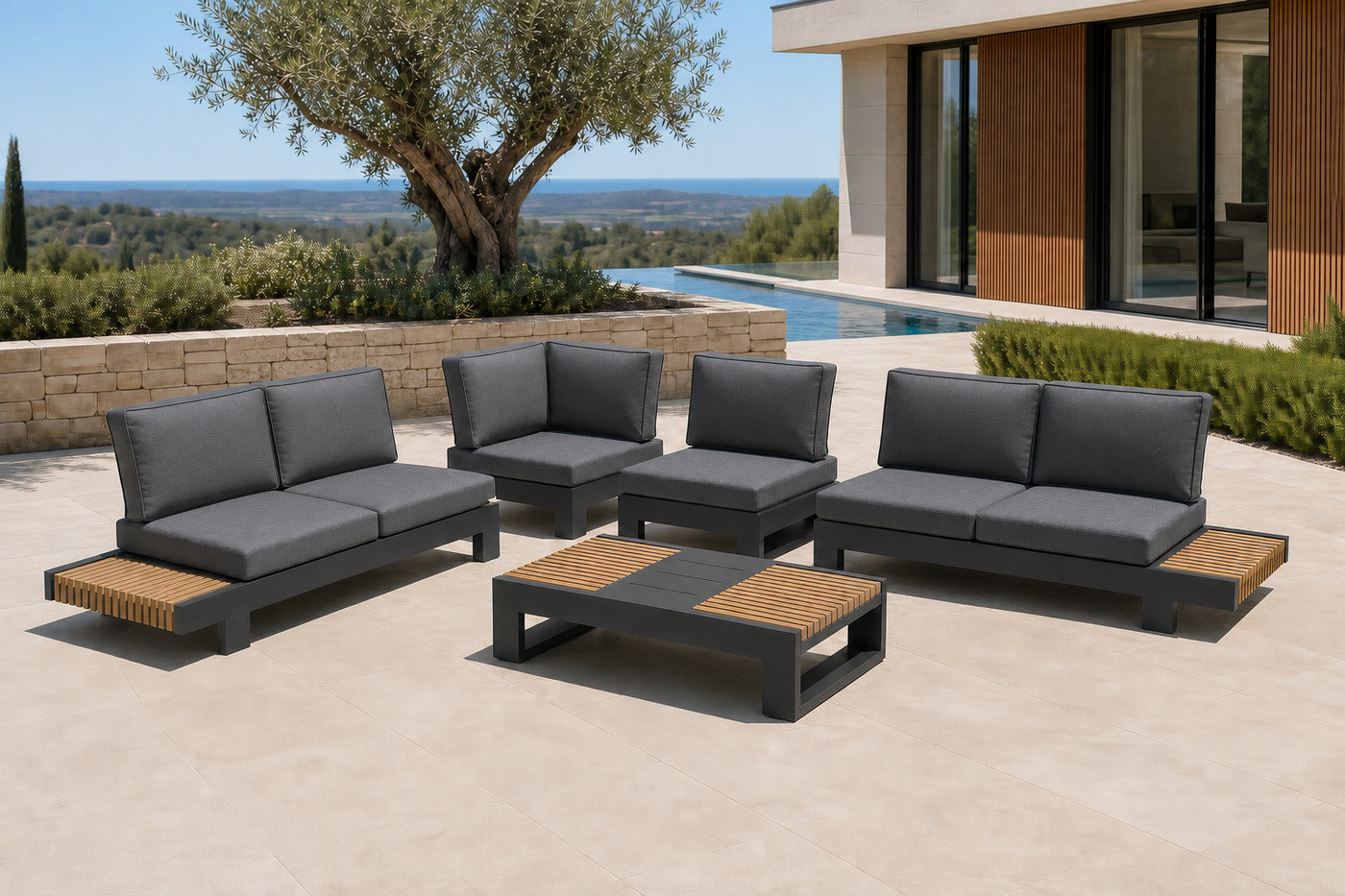 Five-piece aluminium outdoor sofa arrangement with grey cushions on a villa terrace