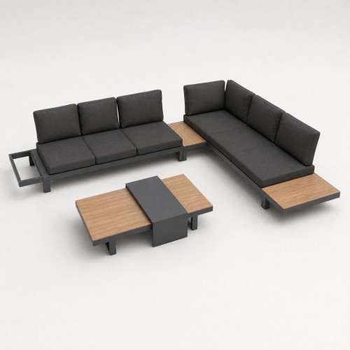 Aluminium Outdoor Sofa Set | L-Shape Corner Garden Sofa with Adjustable Backrest & Wood-Top Coffee Table