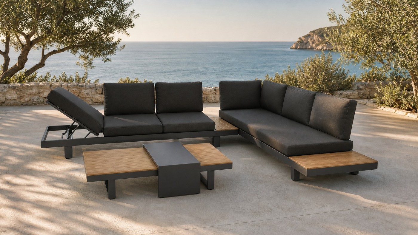 Aluminium outdoor sofa set on a cliff-side garden terrace overlooking the sea