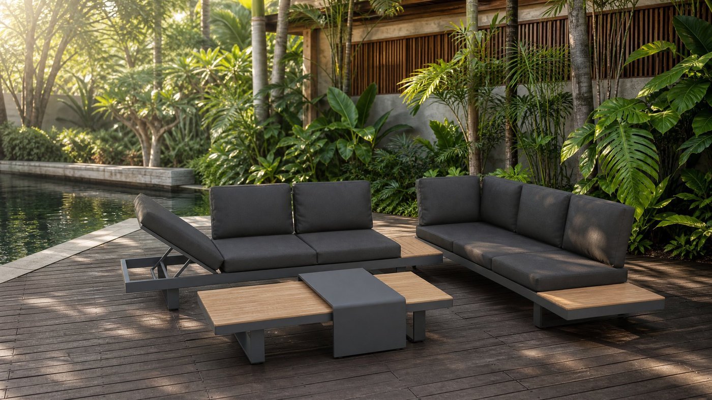 Aluminium outdoor sofa set beside a resort swimming pool deck in morning light