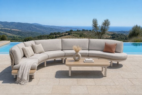 Curved Modular Aluminium Outdoor Sofa Set | Cream Cushion Round Garden Lounge for Villa Courtyard Hotel Terrace
