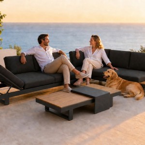 Aluminium Outdoor Sofa Set | L-Shape Corner Garden Sofa with Adjustable Backrest & Wood-Top Coffee Table