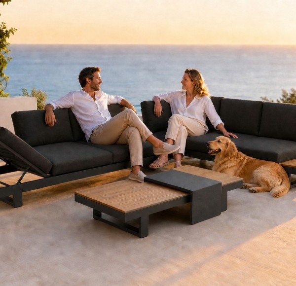 Aluminium Outdoor Sofa Set | L-Shape Corner Garden Sofa with Adjustable Backrest & Wood-Top Coffee Table