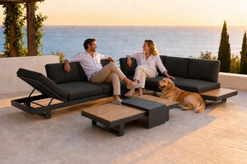 Aluminium Outdoor Sofa Set | L-Shape Corner Garden Sofa with Adjustable Backrest & Wood-Top Coffee Table