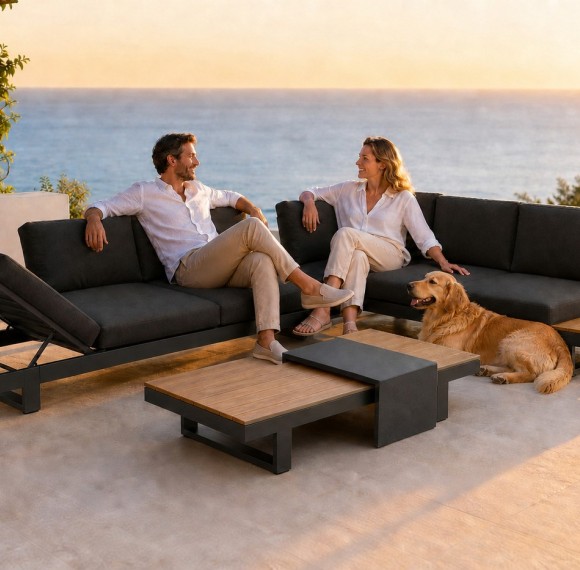 Aluminium Outdoor Sofa Set | L-Shape Corner Garden Sofa with Adjustable Backrest & Wood-Top Coffee Table