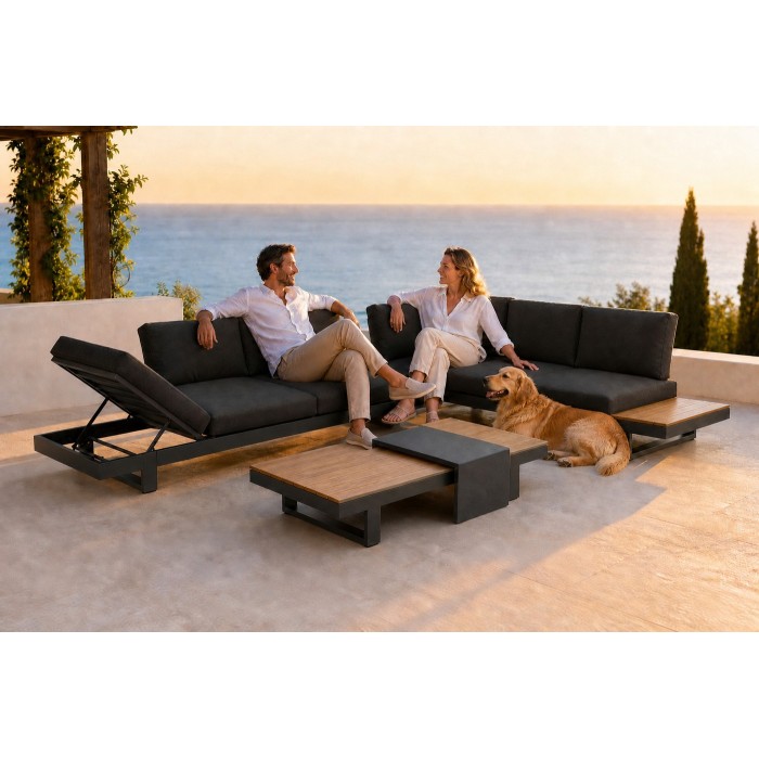 Aluminium Outdoor Sofa Set | L-Shape Corner Garden Sofa with Adjustable Backrest & Wood-Top Coffee Table