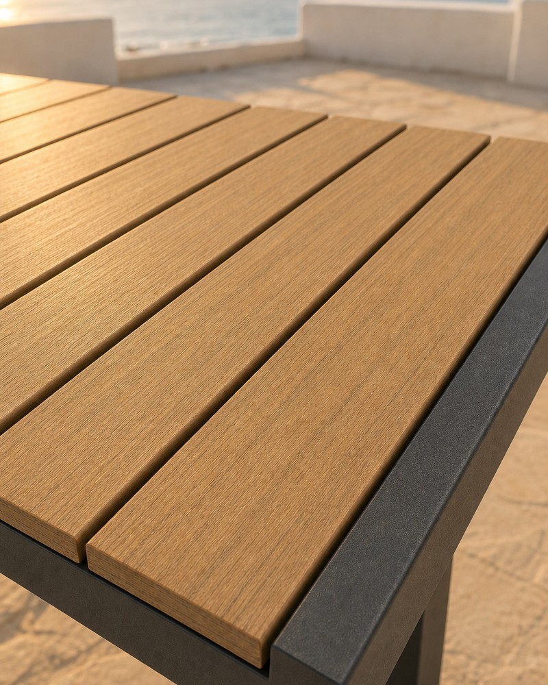 Wood-grain slatted table top set into the charcoal aluminium frame