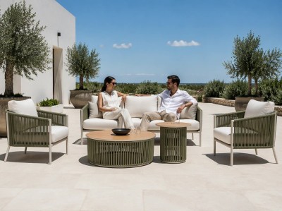 Rope Weave Aluminium Outdoor Sofa Set | 5-Piece Garden Lounge with Round Coffee Tables for Villa Terrace Hotel Poolside